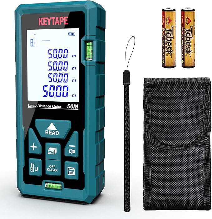 Laser Measure 328ft KEYTAPE Laser Distance Measure with Real Time, Upgraded M/in/FT/FT+in Unit Switching Backlit LCD and Pythagorean Mode, DT100 Portable Handle Digital Measurement Tool Range Finder