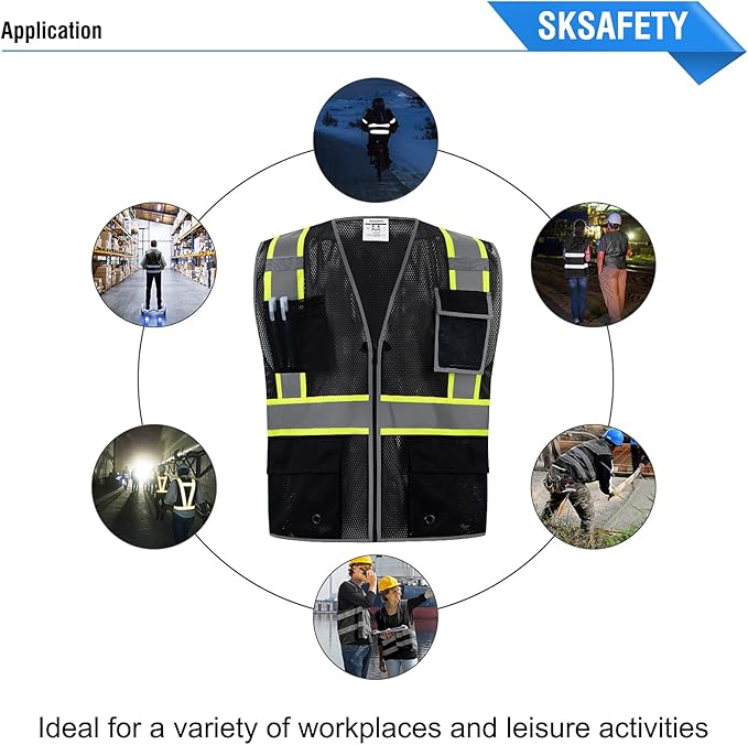 SKSAFETY 10 Pockets Safety Vest, Class 2 High Visibility Security with Zipper Double-sided mesh, Hi Vis Vest with Reflective Strips, ANSI/ISEA Standard, Construction Work Vest （Black, 4XL）