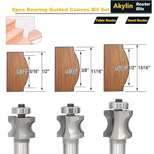 Akylin's 6Pcs Convex Edge Oval Router Bit Set 1/2" Shank, Shallow Bullnose at at 5/16",3/8",1/2",5/8",3/4",7/8" Length,Convex Column Molding Router Bits-Perfect for Stair Treads and Shelf Edges