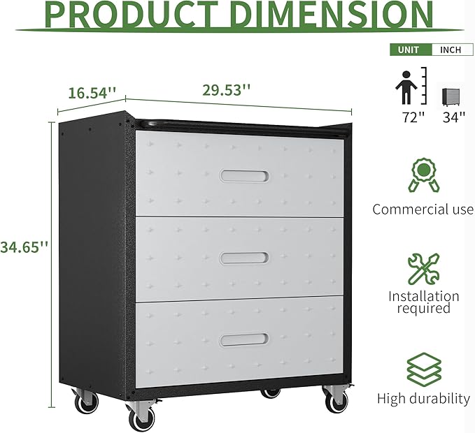 Metal Mobile Tool Storage Cabinet with Wheels,Heavy Duty Rolling Tool Cabinets for Garage,Metal Storage Cabinets with 3 Drawer,Assembly Required