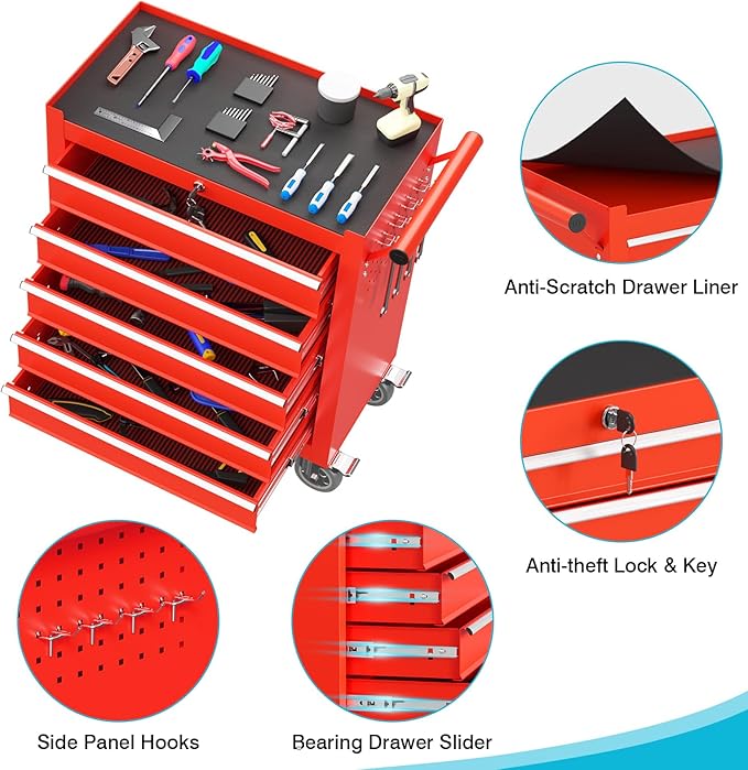 5 Drawers Rolling Tool Chest, Portable Storage Tool Box with Wheels, Tool Chest with Lock for Warehouse, Garage, Repair Shop and Tool Room