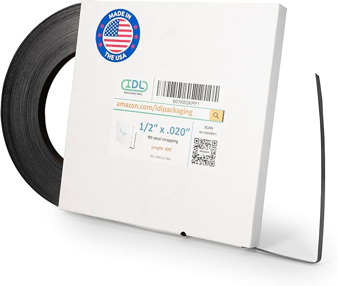 IDL Packaging 1/2" x .020" x 300' Steel Strapping Coil (1100 Lbs Break Strength) in Self-Dispensed Сardboard Box - Portable Strong Banding with Superior Cut-Resistance - Heavy Pallet Strapping