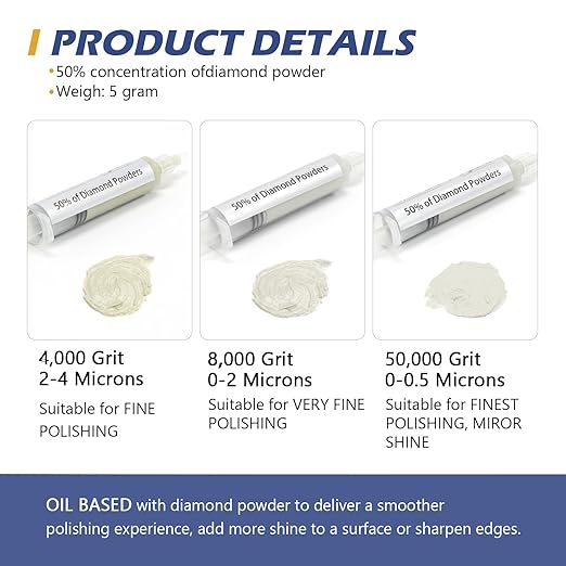 SCOTTCHEN 3Pcs Diamond Polishing Paste, 4,000/8,000/50,000 Grit, 2-4/0-2/0-0.5 Microns Lapping Compound with 50% Concentration of Diamond Powders for Jewelry, Metal, Ring, Glass, Coin, 5 Gram Each