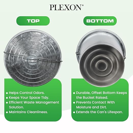 Plexon Silver 10 Gallon Trash Can with Lid Galvanized Steel Stylish Metal Trash Bin Outdoor for Kitchen, Patio, and Camping