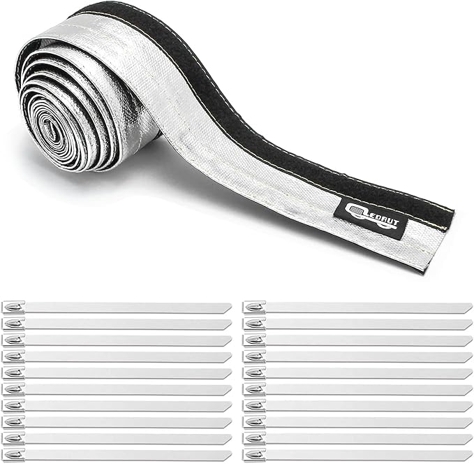 Heat Shroud Aluminized Sleeving Heat Shield fuel line wire heat sleeve 1/2" I.D. x 10FT with 20 Pcs 3.9Inch Stainless Steel Cable Metal Zip Ties