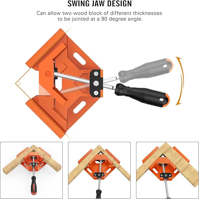 Right Angle Clamp, Housolution [4 PACK] Single Handle 90° Aluminum Alloy Corner Clamp, Right Angle Clip Clamp Tool Woodworking Photo Frame Vise Holder with Adjustable Swing Jaw - Orange