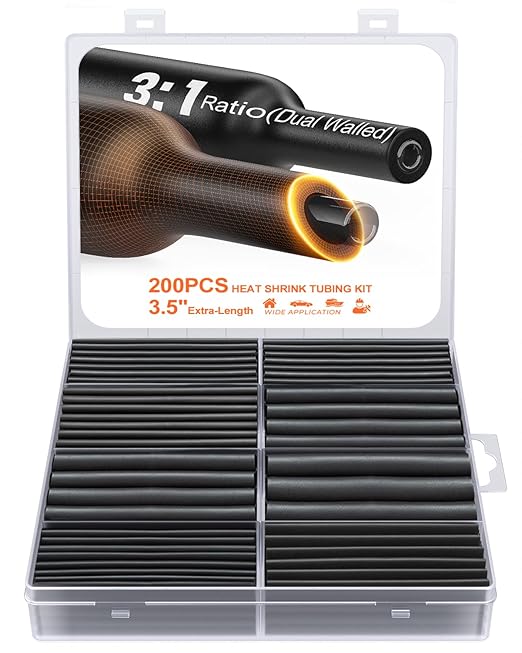 Eventronic Heat Shrink Tubing Kit 200 PCS, 3.54" Extra-Length, 3:1 Ratio Dual Walled with Strong Adhesive Lined, Marine Grade Shrink Wrap - Industrial Heat-Shrink Tubing -Black
