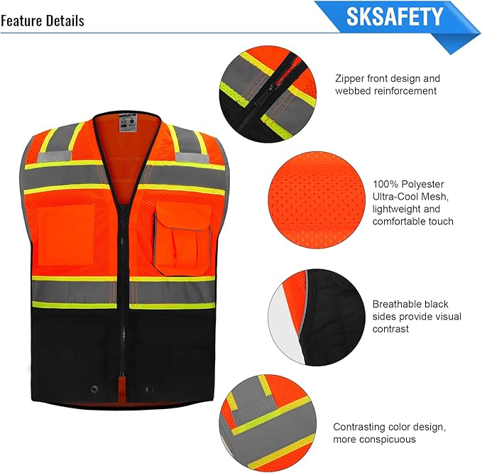 SKSAFETY Professional Class 2 High Visibility Safety Vest With Zipper - 10 Pockets, Reflective Strips, ANSI/ISEA Standard, Construction Work (Orange Black, 5XL)