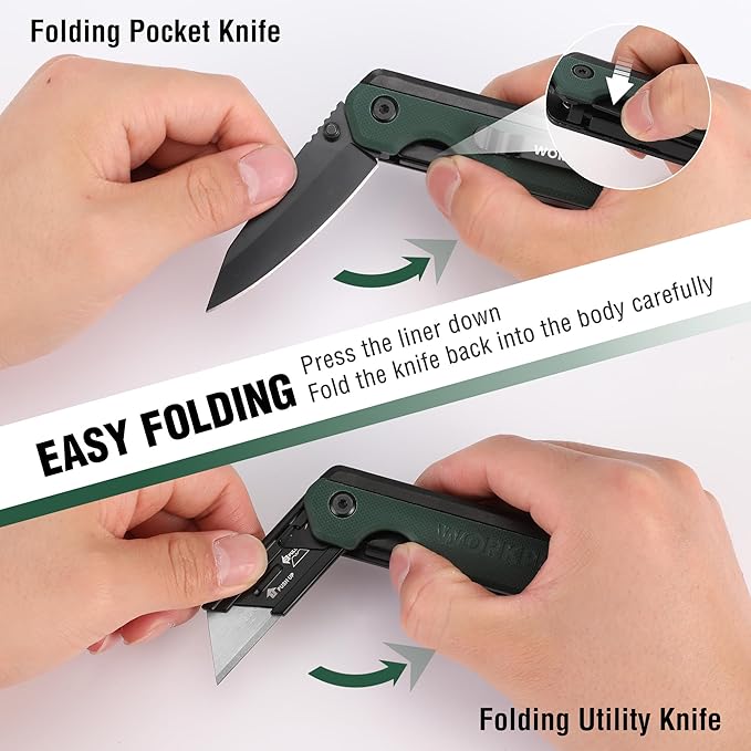 WORKPRO 2-in-1 Folding Knife/Utility Knife, Quick-Change Box Cutter with Belt Clip, Liner Lock, and G10 Handle, Extra 10 SK5 Blades Included, Green