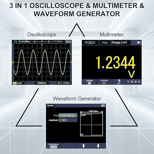 HANMATEK 3 in 1 Handheld Oscilloscope Multimeter,Waveform Generator HO51 with 3.5" TFT Oscilloscop, Auto-Calibration Function, Memory Function, Multi Tester