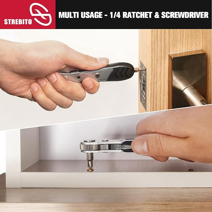 STREBITO Mini Ratchet Set, 22-Piece 1/4 Ratchet Right Angle Screwdriver, 36-Tooth Small Ratcheting Wrench Bit Ratchet For Tight Spaces, with Phillips, Slotted, Torx, Hex, Square and Adapter for Socket