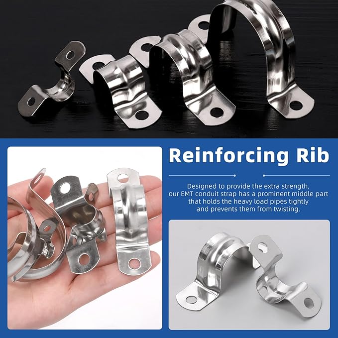 Glarks 50Pcs M8 Pipe Strap Clamp, 304 Stainless Steel 2 Hole Strap Heavy Duty Rigid Pipe Strap U Bracket Tube Strap Cable Clamp Hanger Tension Tube Clip for Pipe Tube Cable Fixing (40mm (1-1/2"))