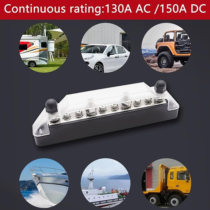 150A 12V Bus Bar Marine, 1/4" Power Distribution Block, Battery Buss Bar, Automotive Busbar Terminal Block for Car and Boat, 4 x 1/4" (M6) Posts, 6 x #8 (M4) Screws Terminals (Black+Red)