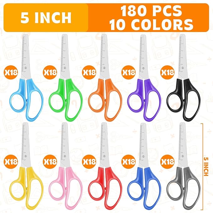 180Pack School Scissors for Student Teacher, 5" Kids Scissors Bulk Blunt Tip Scissor for Kids Safety Scissor for School Classroom Supplies Art Classroom Office Home Use