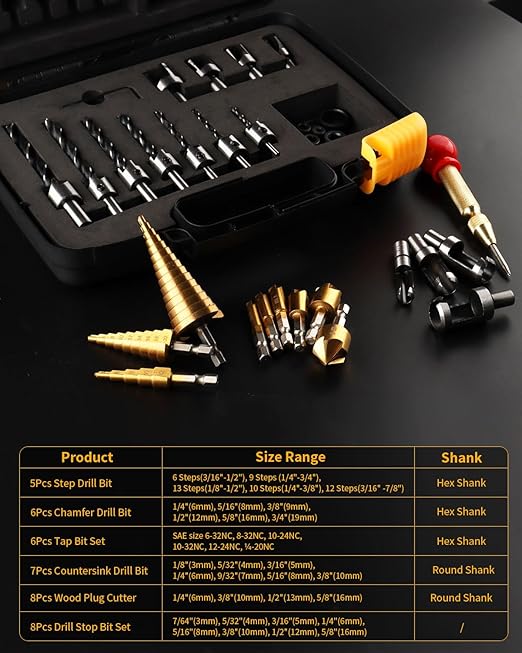 34 Pcs Woodworking Chamfer Drilling Tools Including 6 Countersink Drill Bit Set, 7 Countersink Drill Bit, 8 Plug Cutters for Woodworking, 3 Step Drill Bit and 8 Drill Stop Bit Collar Set.