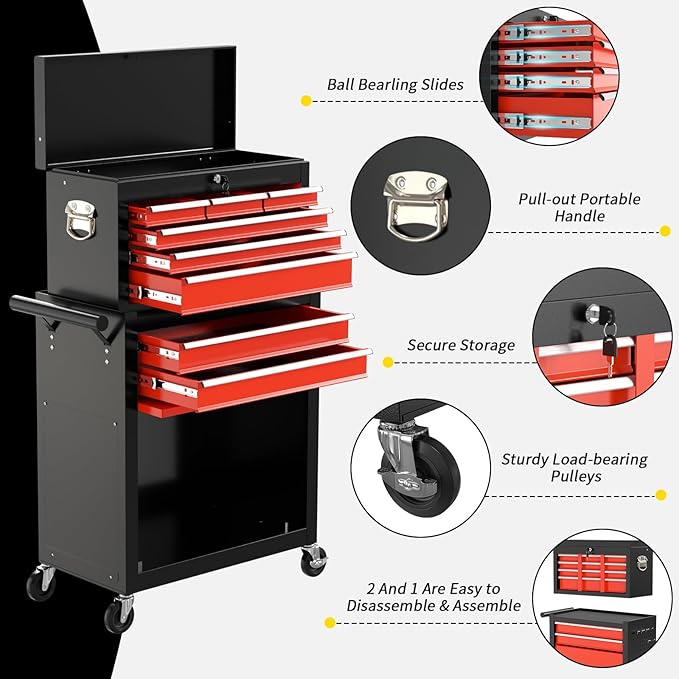 On Shine 8 Drawer Rolling Tool Chest, Large Capacity Rolling Tool Box with Wheels, Locking Mechanical Tool Chest, Portable Tool Box with Sliding Drawers,Metal Tool Box for Garage Workshop (BlackRed)