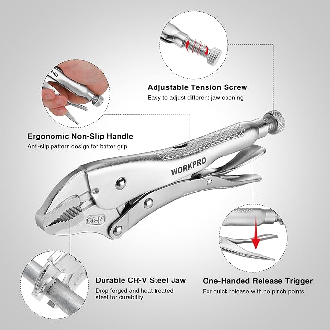 WORKPRO Locking Pliers, 10-inch Curved Jaw Vice Grips pliers, Chromium-Vanadium Steel Locking Pliers with Wire Cutter, Locking Adjustable Vise Grips for Clamping Twisting Welding