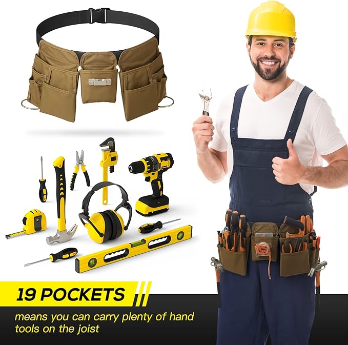 19 Pocket Tool Belts with Quick Release Buckle, Adjustable Utility Belt,Work Apron for Men and Women,for Garden,Electrician,Carpenter,Construction,Gifts(Khaki)