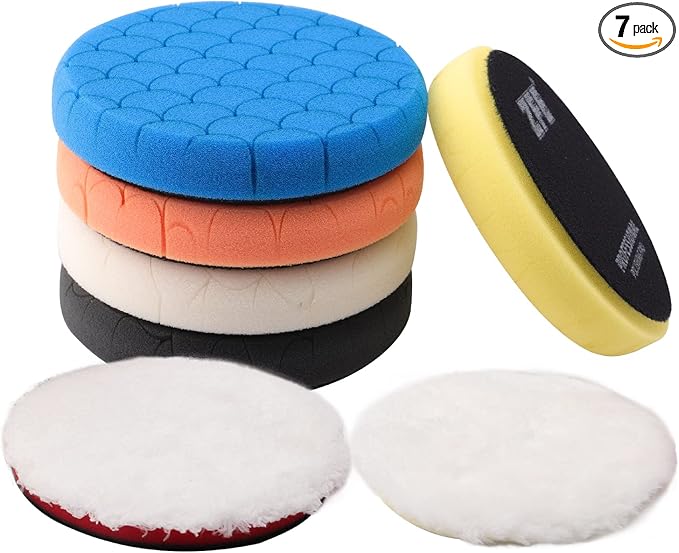 Buffing Polishing Pads, 7Pc 6.5 Inch Face for 6Inch 150mm Backing Plate Compound Buffing Sponge Pads Cutting Polishing Pad Kit for Car Buffer Polisher Compounding, Polishing and Waxing -PPTYS6SET