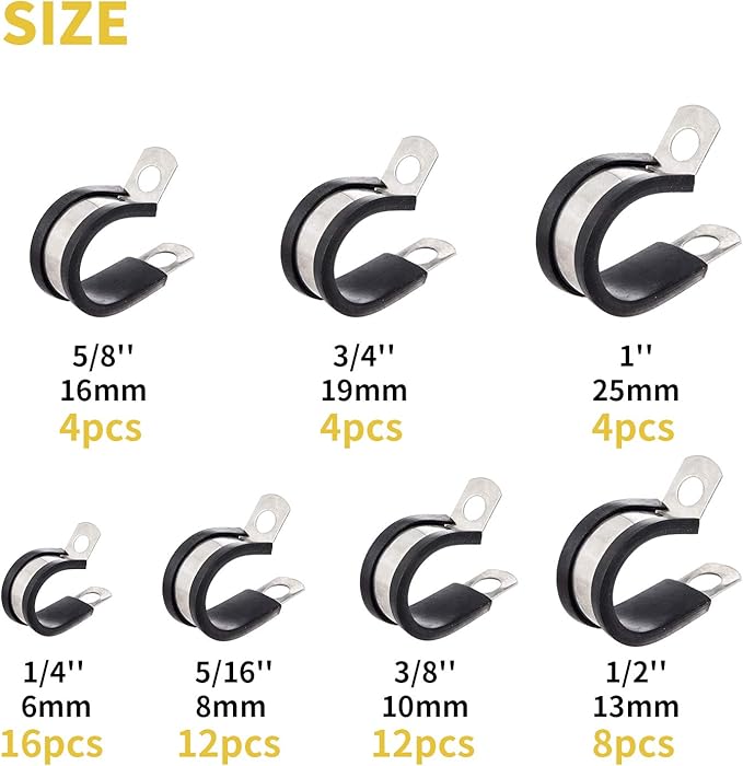 60pcs Wire Clamps Assortment Kit, Stainless Steel 304 Rubber Cushion Cable Clamps Assorted in 7 Sizes 1/4'' 5/16'' 3/8'' 1/2'' 5/8'' 3/4'' 1'', Pipe Clamp Set for wiring, lines and hoses