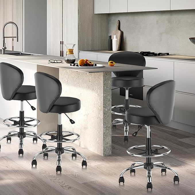 Black PVC Faux Leather Drafting Chair Set of 4 Rolling Swivel Salon Stool with Back Support Foot Rest Adjustable Hydraulic Seat Height for Massage Facial Spa Medical Drafting Tattoo Beauty
