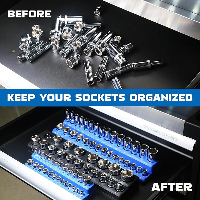 DISEN Magnetic Socket Organizer Set 6PCS Socket Holder Holds 150 Pieces 1/4", 3/8", 1/2" Drive Metric & SAE Socket Trays for Tool Box Drawer (Socket not Included)