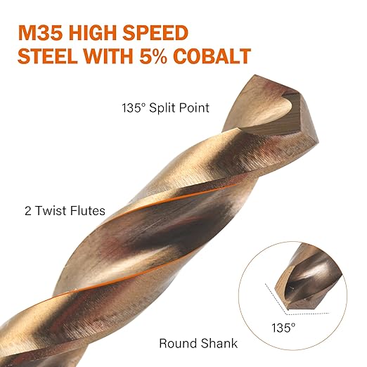 KENDO 1/4 Inch Cobalt Drill Bits (13pcs), M35 High Speed Steel, 135 Degree Tip, Jobber Length Twist Drill Bit Set for Hard Metal, Stainless Steel, Cast Iron, Wood and Plastic, with Storage Case