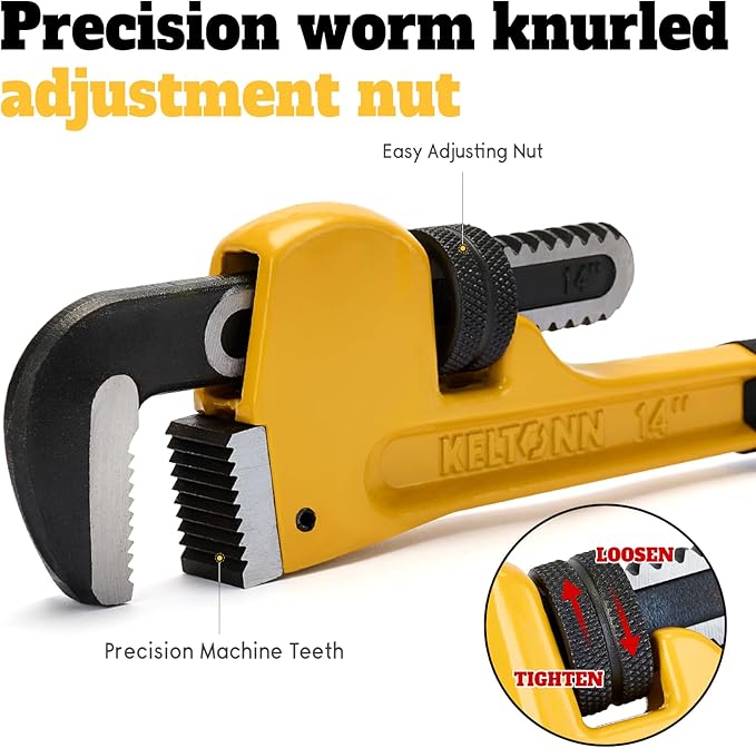 14 Inch Adjustable Pipe Wrench, Heavy Duty Carbon Steel with Heat Treated Serrated Jaw and Smooth Worm Gear, Ideal for Plumbing & Pipe Fitting