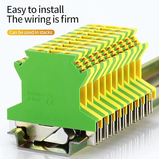 Erayco USLKG2.5 Ground Circuit Connection Terminal Block, Screw Clamp, 600V 20A 24-12AWG, DIN Rail Mounted, Pack of 50 (Green & Yellow)