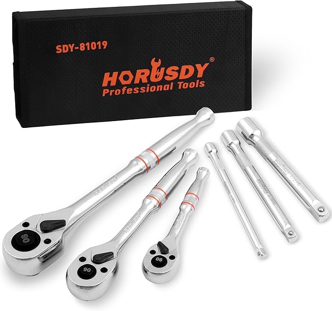 HORUSDY 3-Piece Ratchet Set, 1/4” 3/8”, 1/2" Drive Ratchet Handle Set, 90-Tooth,CR-V, Quick Release Ratchets