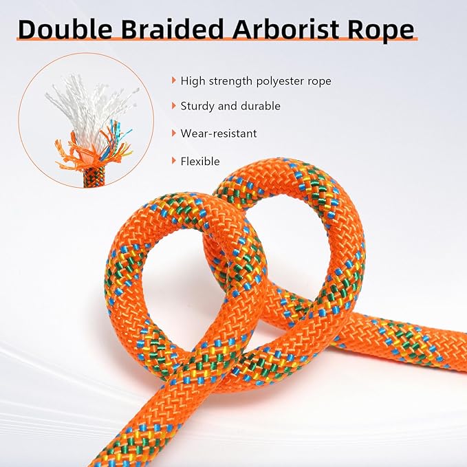 Climbing Rope, 1/2 Inch x 100 Feet Double Braided Arborist Rope Polyester for Outdoor, Climbing, Hiking, Swing, Tree Work, Halyard, Sailing etc(Orange)