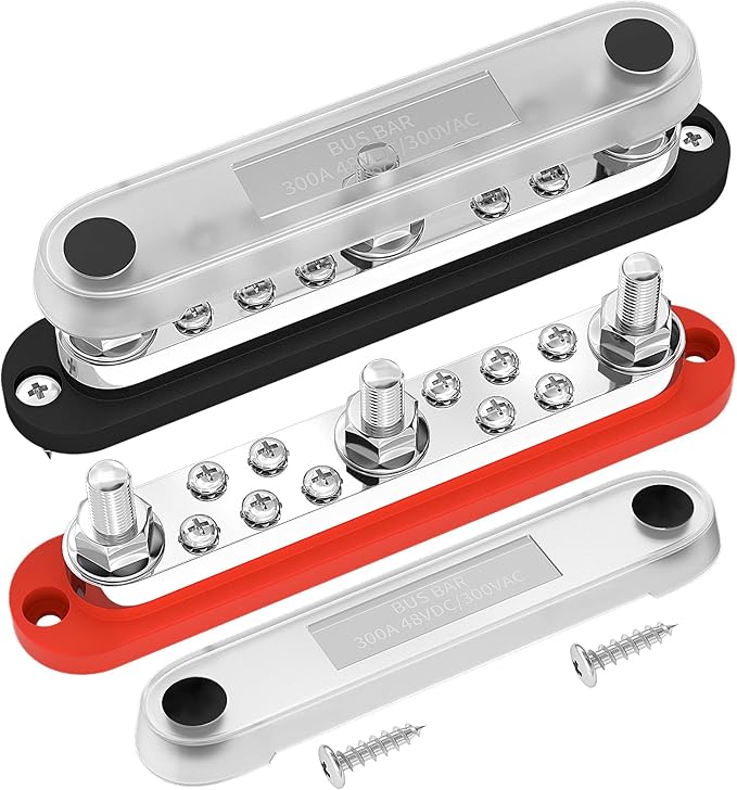 DaierTek 300A Copper Bus Bar 12V, Power Distribution Block with Cover 3 x 3/8” M10 Studs & 10 x M5 Terminal Screws for Car Marine Solar Battery Negative & Positve