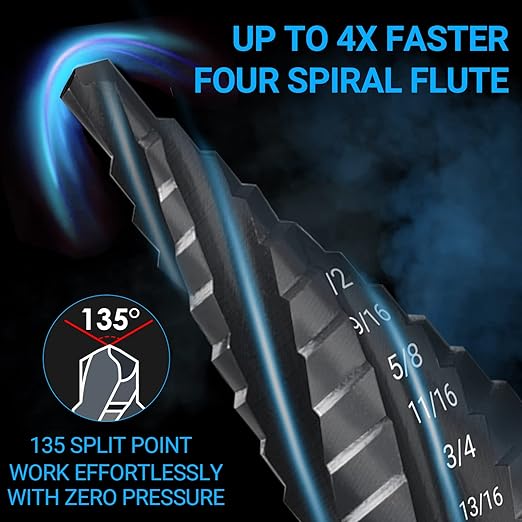 MABLEVI M35 Four Spiral Flute Cobalt Step Drill Bit Set 1/8"-7/8", Wear-Resistant TiAlN Coated 1/4" Hex Shank Unibit Step Bit for Metal, Stainless Steel, Aluminum, Wood, Plastic（3Pcs）