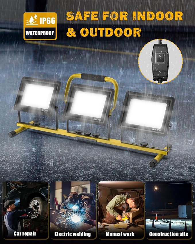 21000Lumen LED Work Lights with Stand, 3 Head Portable Work Light with 16FT Cord, IP66 Waterproof Tripod Worklights for Outdoor Indoor Job Site Workshop Garage Construction Site Lighting(3 Head)