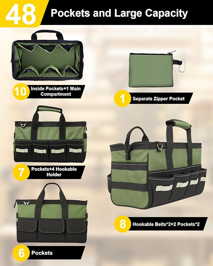 12 Inch Small Tool Bag-48 Pockets,1680D Tear&Abrasion Resistant,Includes Tool Pouch,Tool Belt,Magnetic Wristband&Adjustable Shoulder Strap | Tool Organizer(Green)