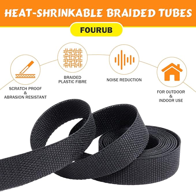 50% Ratio Heat Shrink Automotive Wire Loom Shrinkable Braided Sleeving Fabric Shrink Tubing Wear-Resistant Woven Wire Sheathing(1-1/8"-10ft)