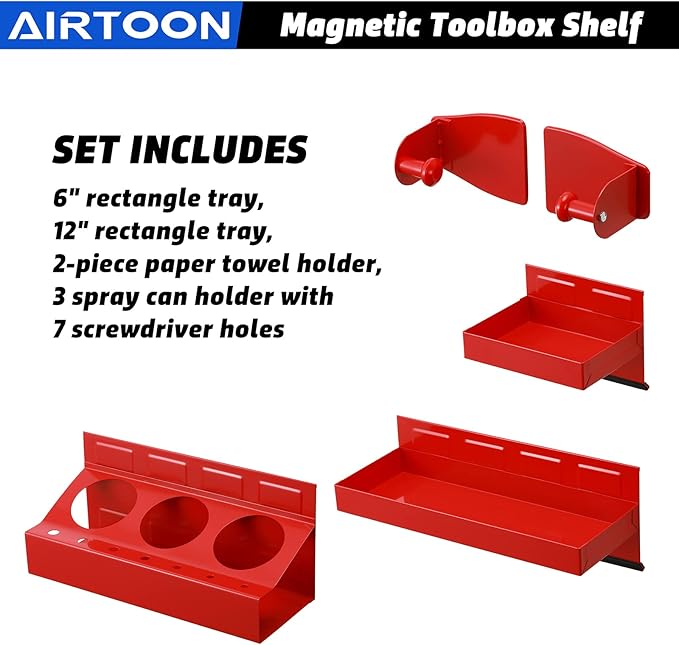 AIRTOON Magnetic Toolbox Tray Set, 4-Piece Magnetic Tool Box Holder, Holds Tools Securely in Place, Powerful Magnetic Tray Set for Shop or Garage, Red
