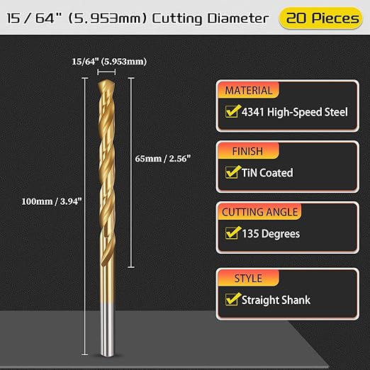 Drill Bit, 15/64" Cutting Diameter, 4341 HSS TiN Coated 135° Cutting Angle Jobber Bits - (Applications: for Drilling Soft Metal Plastic Wood), 20-Pieces