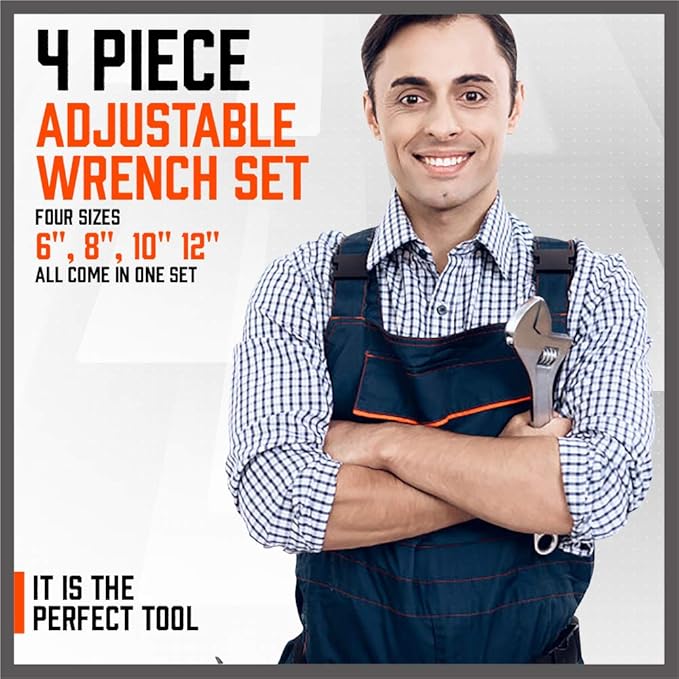 HORUSDY 4-Piece Adjustable Wrench Set, CR-V Steel, Adjustable Wrenches Set(6-inch, 8-inch, 10-inch, 12-inch)