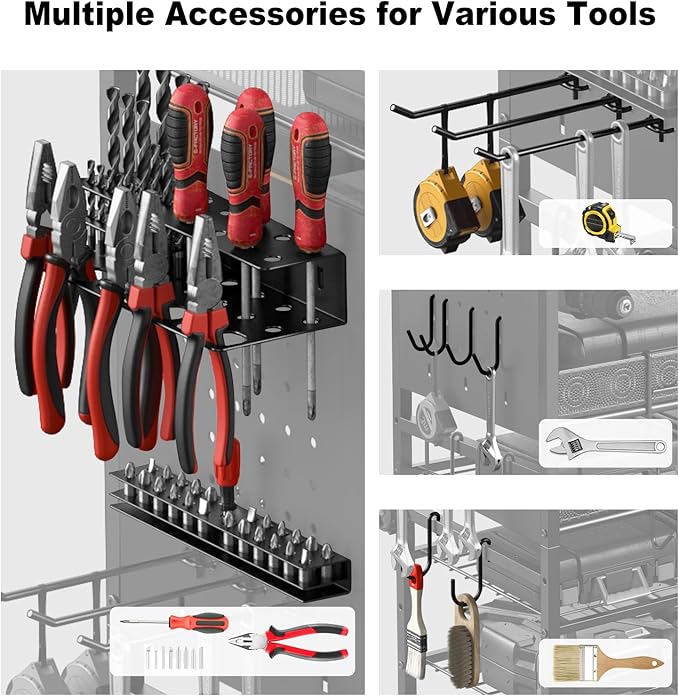 JUNNUJ Power Tool Organizer Floor Stand with Charging Station, Garage Adjustable Storage Rack Utility Tool Shelf with 8 Outlet Power Strip, Heavy Duty Drill and Battery Holder, Red