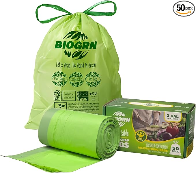 2.6-3 Gallon Compostable Trash Bags Drawstring 50 Bags Heavy Duty Extra Thick 1 Mil 11.36 Liter Small Kitchen Food Scrap Waste Compost Bag ASTM D6400, US BPI and OK Compost Home Certified
