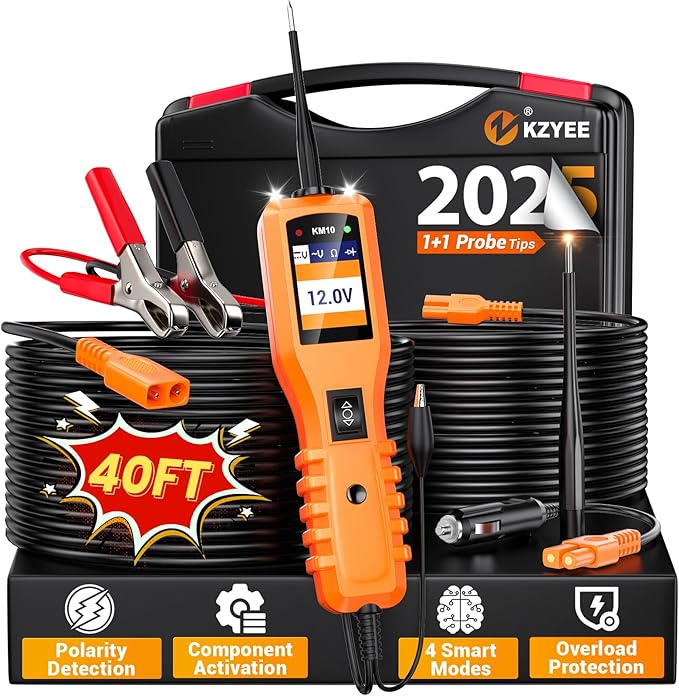 KZYEE KM10 Power Circuit Probe Kit, 12V 24V Automotive Circuit Tester, Digital Multimeter, Short Finder, AC/DC Voltage Tester, Diode & Resistance, Current Probe Component Activation, 20FT+20FT Cable