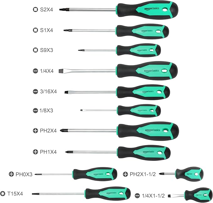 Amazon Basics Magnetic Screwdrivers Set, Includes Phillips, Slotted, Torx, Square, and Stubby Screwdrivers, 12-Piece Hand Tools Set, Turquoise