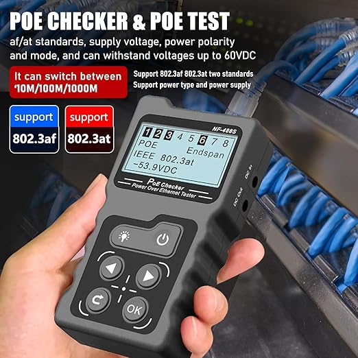 NF-488 Network Cable Testers RJ45 Continuity Checking CAT5 CAT6 LAN Ethernet Cables POE Ethernet Power Tester DC Power & Switch Loop-Back Test POE Detector Network Tool