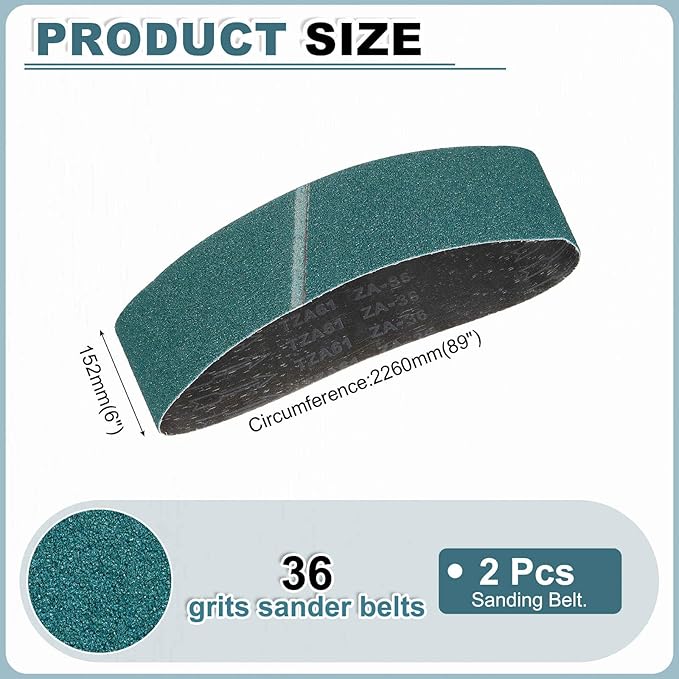 HARFINGTON 6 x 89 Inch Sanding Belts, 2 Pcs 36 Grit Zirconia Abrasive Belt Sander File Belt for Woodworking, Metal Polishing, Knife Sharpener