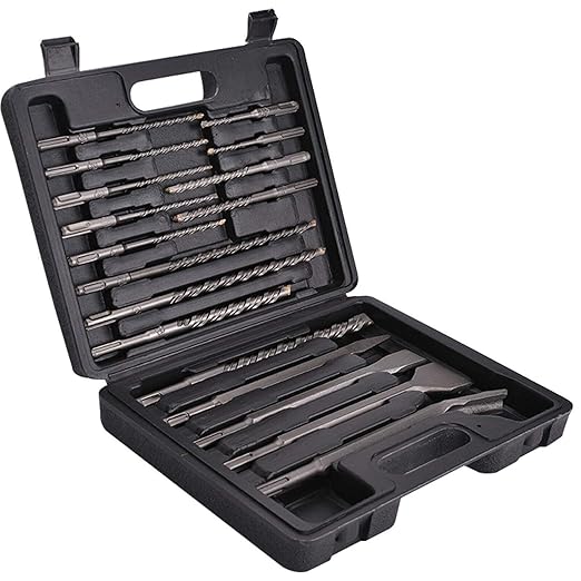Rotary Hammer SDS Plus Drill Bits & Chisels Set- 17Pcs Concrete Masonry SDS Plus Drill Bits with Portable Plastic Box- SDS Plus Shank Fits Rotary Hammer