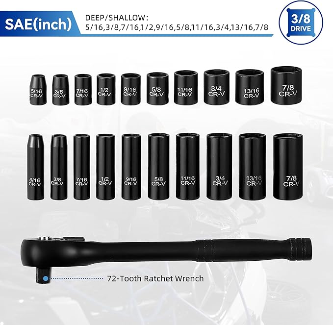 21-Piece 3/8" Drive Socket Set, SAE (5/16"- 7/8"), Deep and Shallow Sockets, 72-Tooth Ratchet Wrench, 6 Point Design, Cr-V