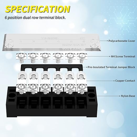 Joinfworld 35A Terminal Block 6 Position Screw Terminal Strip Dual Row with Cover & 6 Position Pre-Insulated Terminal Jumper Block - 2 Pack