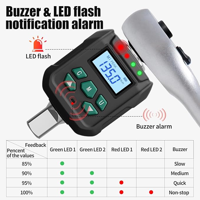 1/2-Inch Drive Digital Torque Adapter, 5-99 ft-lb (6.8-135 Nm), ±2% Accuracy - Electronic Torque Meter Gauge & Checker with Buzzer & LED Alerts for Automotive, Truck, Motorcycle & ATV Repair