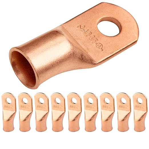 SELTERM 10pcs 4/0 AWG - 3/8" Stud - Battery Lugs, Heavy Duty Copper Wire Lugs, Ring Terminals, Battery Cable Ends,0000 Gauge Terminals, UL Bare Copper Eyelets Electrical Battery Terminal Connectors